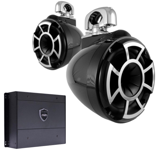 Wet Sounds REV8B-SMINI 8" Black Tower Speakers with Stainless Steel Swivel Mini Clamps & SYN-DX2 750 Watt Amplifier