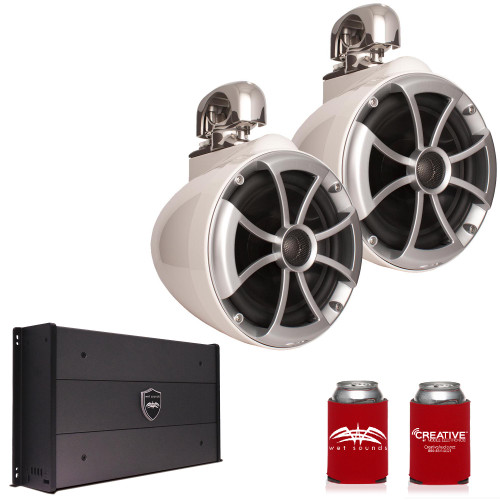 Wet Sounds ICON8W-SC 8" White Tower Speakers with Stainless Steel Swivel Clamps & SYN-DX2.3 1200 Watt Amplifier