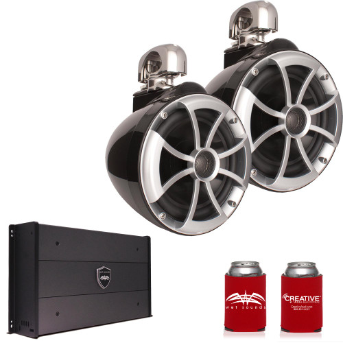 Wet Sounds ICON8B-SC 8" Black Tower Speakers with Stainless Steel Swivel Clamps & SYN-DX2.3 1200 Watt Amplifier