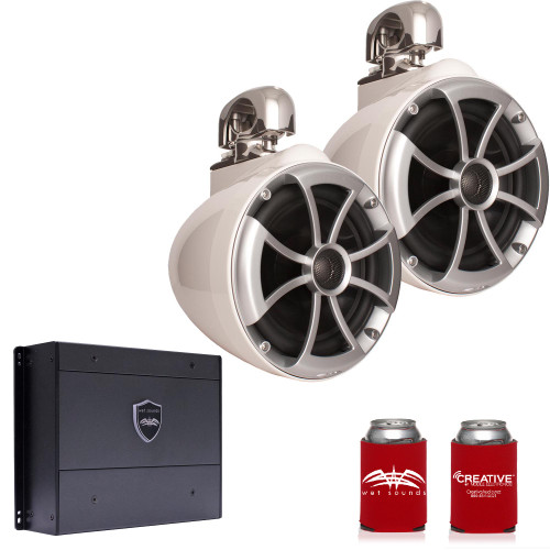 Wet Sounds ICON8W-SC 8" White Tower Speakers with Stainless Steel Swivel Clamps & SYN-DX2 750 Watt Amplifier