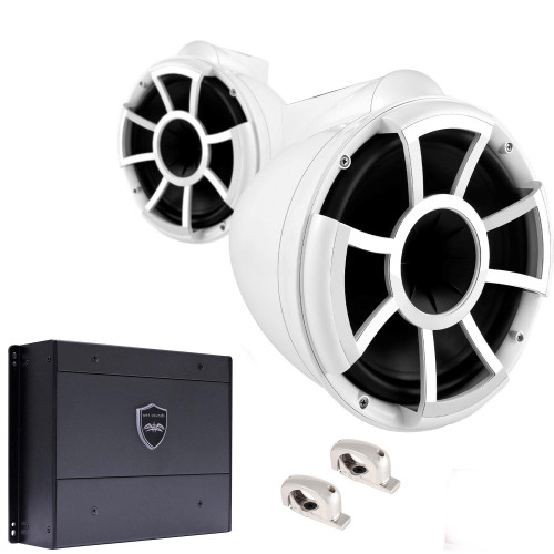 Wet Sounds REV10W-FMINI 10" White Tower Speakers with Stainless Steel Fixed MINI Clamps & SYN-DX4 800 Watt Amplifier