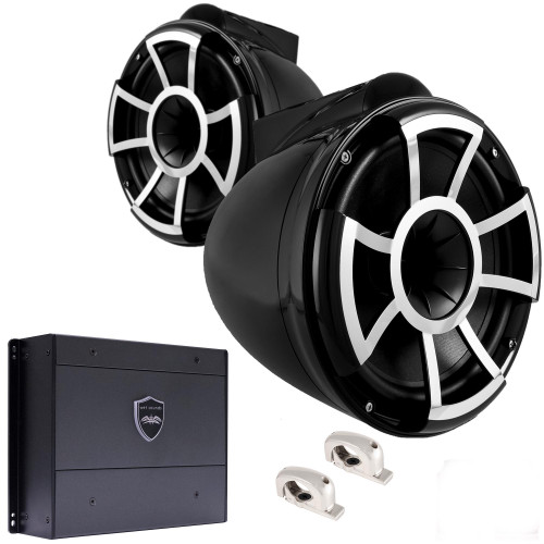 Wet Sounds REV10B-FMINI 10" Black Tower Speakers with Stainless Steel Fixed MINI Clamps & SYN-DX4 800 Watt Amplifier