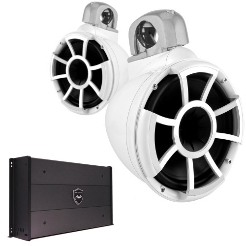 Wet Sounds REV10W-FC-SA 10" White Tower Speakers with Silver Aluminum Fixed Clamps & SYN-DX2.3 1200 Watt Amplifier