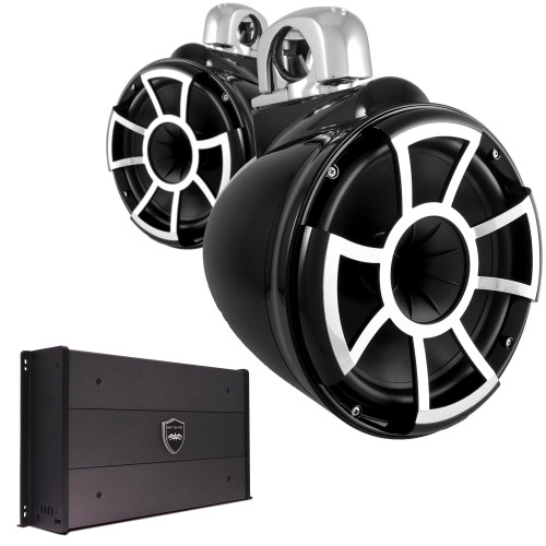 Wet Sounds REV10B-FC 10" Black Tower Speakers with Stainless Steel Fixed Clamps & SYN-DX2.3 1200 Watt Amplifier