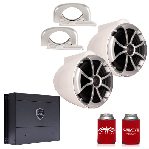 Wet Sounds ICON8W-FMINI 8" White Tower Speakers with Stainless Steel MINI Fixed Clamps & SYN-DX2 750 Watt Amplifier