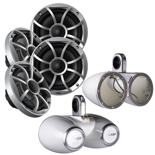 Wet Sounds 2-Pair OE-65ic-S 6.5" OEM Replacement Speakers W/ Silver Grill + Kicker 12KMTEDW 6.5" White Tower Pods