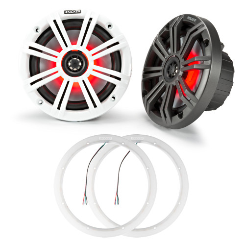 Kicker 45KM84L LED 8 Marine Coax with Charcoal and White Grills with a pair of 47KLSR8 8 Inch Led Lighted Speaker Ring