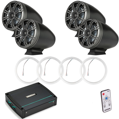 Kicker KMFC65 6.5" Flat Mount Charcoal Tower Speakers (2 pair) with LED Rings, KXM4002 Marine Amplifier