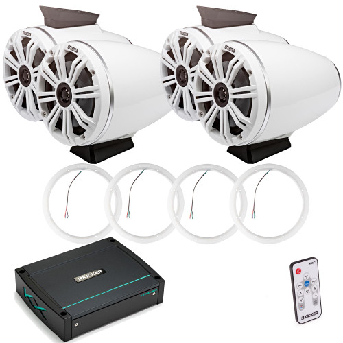 Kicker KMFC65W 6.5" Flat Mount White Tower Speakers (2 pair) with LED Rings, KXM4002 Marine Amplifier