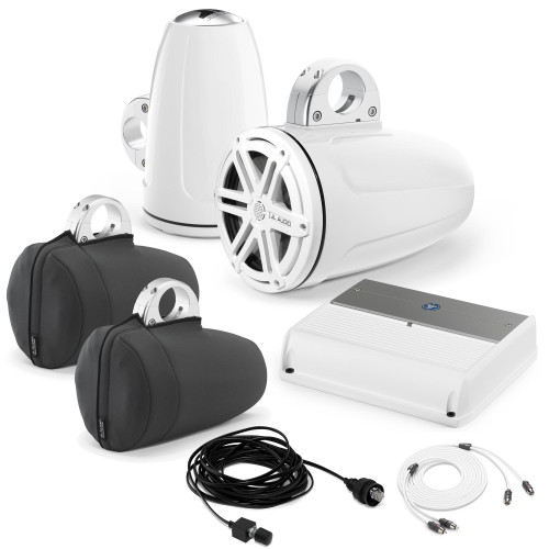 JL Audio Wake Tower Speaker Package - M400/4 Amp, and MX770-ETXv3-SG-WH 7.7" Tower Speakers + Covers, Wire Kit & Knob