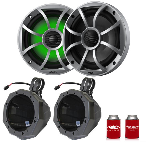 Wet Sounds RECON 6-S RGB 6.5" Silver Grill RGB Marine Speakers with US2-C65U-175 Black Speaker Pod with 1.75" Roll Bar Clamps