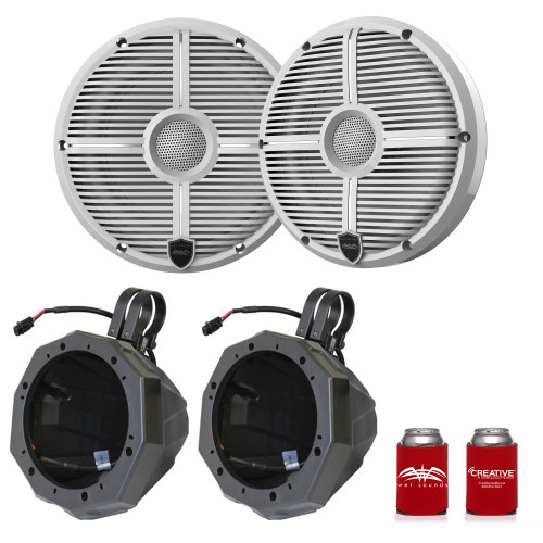 Wet Sounds RECON 6-XWW 6.5" White Grill Marine Speakers with US2-C65U-200 Black Speaker Pod with 2.00" Roll Bar Clamps