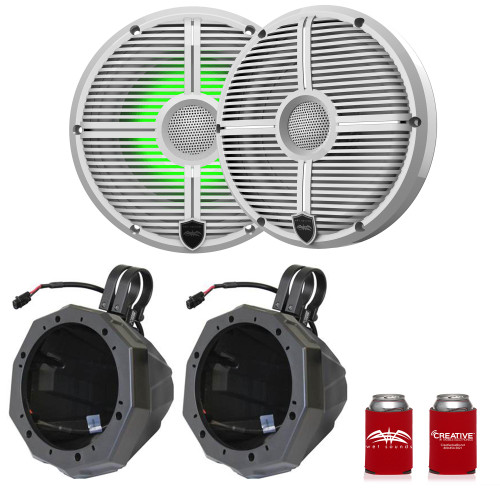 Wet Sounds RECON 6-XWW RGB 6.5" White Grill RGB Marine Speakers with US2-C65U-200 Black Speaker Pod with 2.00" Roll Bar Clamps
