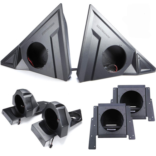SSV Polaris Slingshot SS-F65U 6.5" Front Unloaded Speaker Pods with SS-B65U Rear 6.5" Unloaded Speaker Pods, and (2) SS-BS10U behind seat 10" Subwoofer Box Unloaded