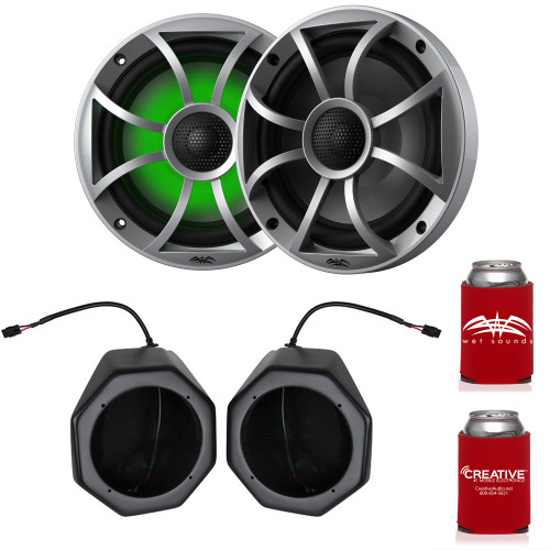 Wet Sounds RECON 6-S RGB 6.5" Silver Grill RGB Marine Speakers with GN-F65U Front Speaker Pods Compatible With Polaris General 2016-2018