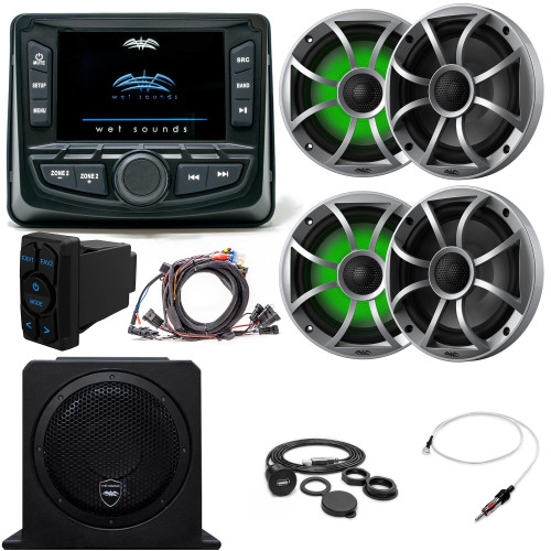 Wet Sounds Ultimate Golf Cart Audio Bundle, Radio, 4-RGB Silver Grill 6.5" Speakers, 10" powered sub, Wiring Kit