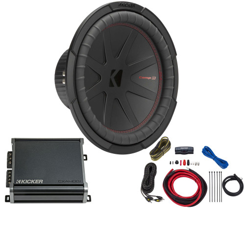 Kicker 12 Inch Comp R Woofer 48CWR124 Package with 46CXA4001 Amplifier and wire kit