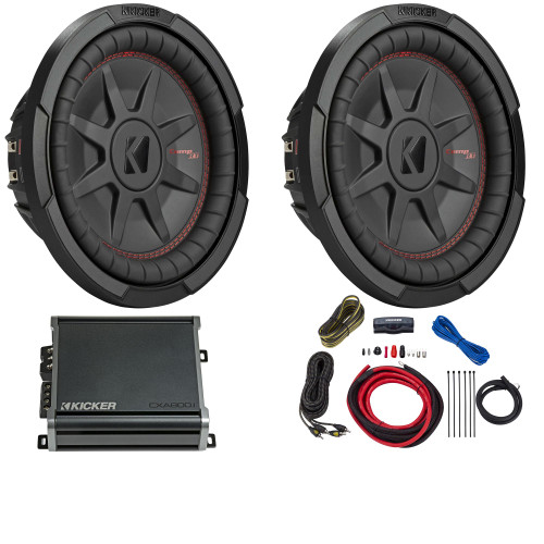 Kicker 10 Inch Comp RT Thin Woofer Includes Two 48CWRT102 Package with 46CXA8001 Amplifier and wire kit