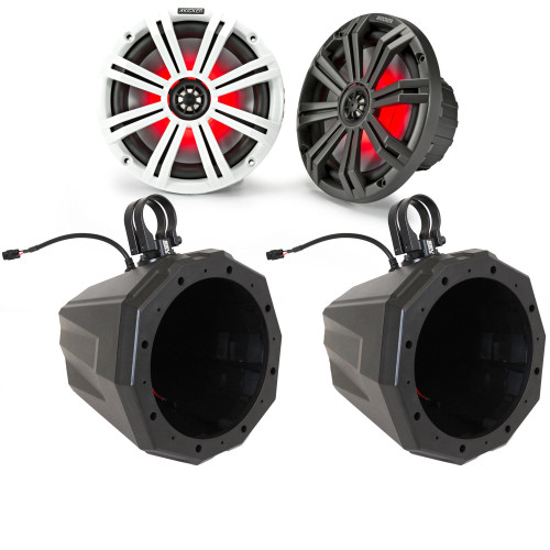 Kicker 45KM84L 8" RGB LED Marine Speakers with SSV US2-C8 Universal 8-inch Cage Mount Speaker Pods Including Dual Clamps