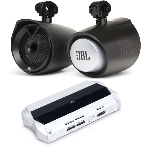 JBL MT8HLB 8" Two-way Marine Tower Speaker Black and JBL MA704 4 Channel Amplifier