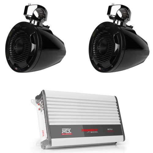 MTX 2 WET8CWB 8" 200W RMS 4Ω Tower Speaker LEDs - Black & WET75.4 Thunder Marine 100W x 4 @ 2Ω Amplifier