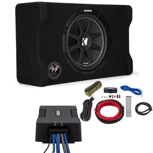 Kicker 48CDF124 Comp 12" Subwoofer in Down Firing enclosure with PXA3001 Small Chassis Amplifier and wire kit