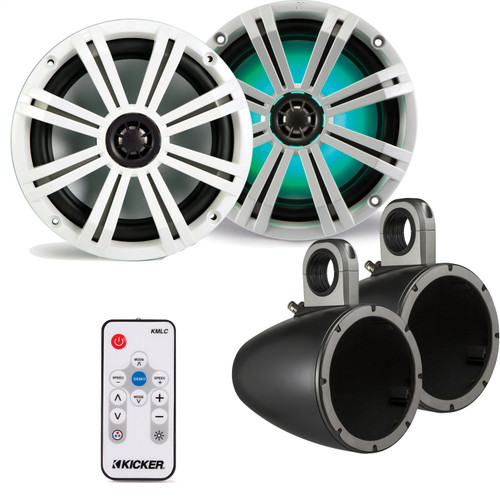 Kicker 8 Inch KM-Series Marine Speaker Bundle 41KM84LCW with Black Wake Tower Enclosures and LED Remote