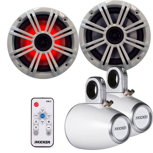 Kicker 6.5 Inch KM-Series Marine Speaker Bundle 41KM654LCW with White Wake Tower Enclosures and LED Remote
