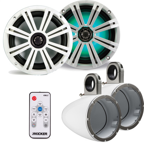 Kicker 8 Inch KM-Series Marine Speaker Bundle 41KM84LCW with White Wake Tower Enclosures and LED Remote