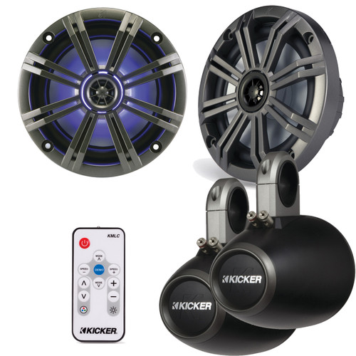 Kicker 6.5 Inch KM-Series Marine Speaker Bundle 41KM654LCW with Black Wake Tower Enclosures and LED Remote