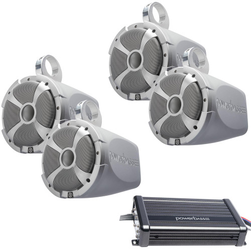 PowerBass 2 Pairs of 8" Marine Wake Board & UTV Roll Bar Speakers with Amplifier