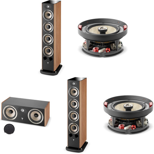 Focal Aria936 Walnut Tower Speaker Pair, ARIACC900 Walnut Center Speaker & two F300ICW6 In-ceiling speakers