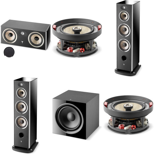 Focal Aria948 Black Tower Speaker Pair, Focal Sub 600P 600-Watt Closed Subwoofer & two in-ceiling speakers