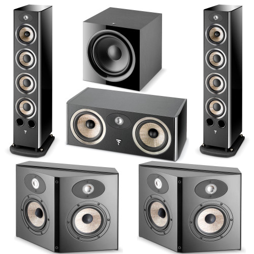 Focal Aria936 Black Tower Speaker Pair, ARIACC900 Black Center Speaker, two on-wall Speakers, & 600 Watt Sub