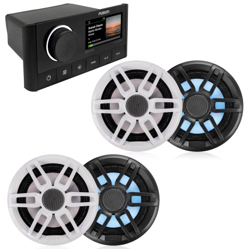 Fusion MS-RA670 Marine Receiver with 2 Pairs Fusion XS-FL77SPGW 7.7" Marine Speakers RGB LED Speakers, Includes White and Black Sport Grills
