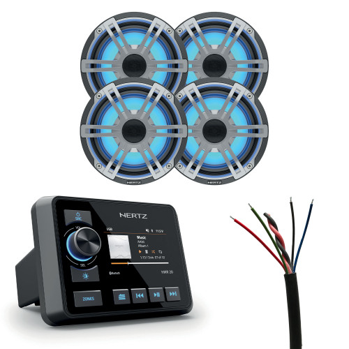 Hertz HMR 20 with 2 Pairs HEX 6.5 S-LD-G 6.5" Marine Coax Set with RGB LEDs with HM RGB 1 BK Controller and 1 Roll (120 ft) 16 AWG Speaker with RGB LED Wire