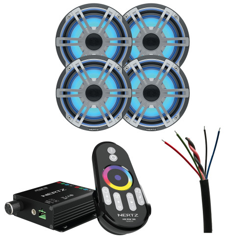 2 Pairs of Hertz HEX 6.5 S-LD-G 6.5" Marine Coax Set with RGB LEDs with HM RGB 1 BK Controller and 1 Roll (120 ft) 16 AWG Speaker and RGB LED Wire