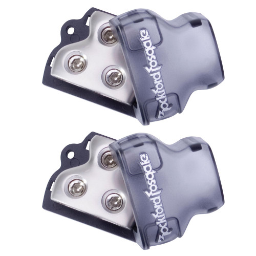 Rockford Fosgate Pair of RFD1 Distribution Block, Platinum Finish, (1) 1/0 Awg/ 4 Awg Inputs, (2) 1/0 Awg/ 4 Awg Outputs
