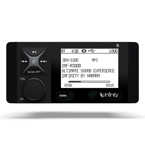 Infinity INF3000 AM/FM/WB, BT5, Aux in, USB input, 4" monochromatic LCD, Rotary, 2 ohm stable - Used Very Good