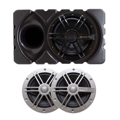 Bluave One Pair of X65S 6.5" Marine Coaxial RGB Lighted Speakers, Silver Grills with 1 Bluave XMSE-2-LOADED BLUAVE XMSE2-Loaded XMSE 2 X-Line Loaded Subwoofer 10" Enclosure Black Grill