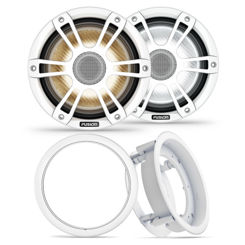 Fusion 1 pair SG-FL773SPW 7.7" Signature i3 Series RGB LED Marine Coax White Sport Grills with 1 Pair Fusion MS-FM77KIT 7.7" White Flush Mount Kit