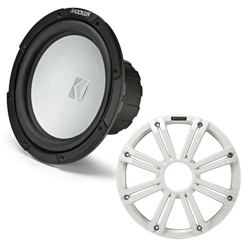 Kicker 45KMF104 10" Weather-Proof Subwoofer for Freeair Applications 4 Ohm - Kicker 45KMG10W 10" LED Grille (White)