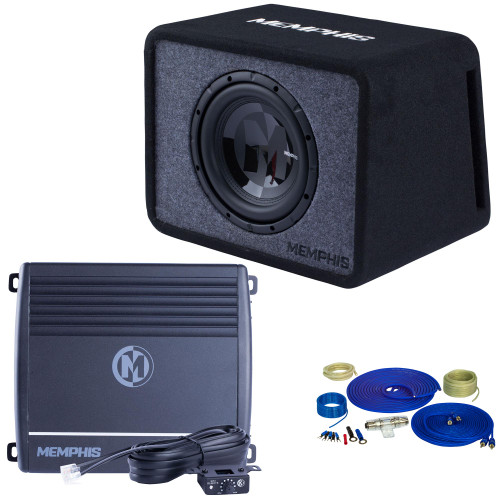 Memphis PRXE10S2 Single 10” Power Reference Series Loaded Enclosure with SRX250.1 Street Reference Series Mono Subwoofer Amplifier and Amp Wiring Kit