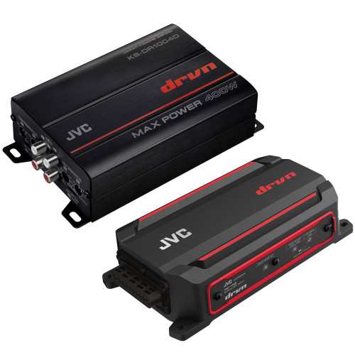 JVC KS-DR1004D 4-Channel Compact Digital Amplifier 50W RMS x 4 @ 4 ohms and KS-DR2001D Compact Mono Digital Amplifier 300W x 1 RMS @ 2 ohms / Wired Level Control Included for Car, Marine, UTV and Motorcycle