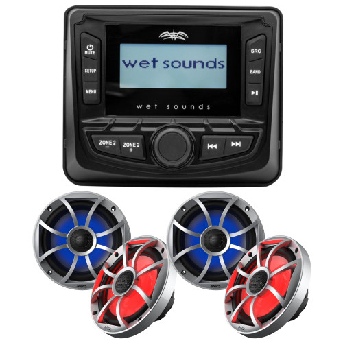 Wet Sounds WS-MC-5 3" Gauge style AM/FM Stereo with 2.7" LCD Display with 2 Pairs Wet Sounds OEM Replacement 65ic-S RGB Led XS-Series Silver Cone 6.5" Coaxial Speakers Pair