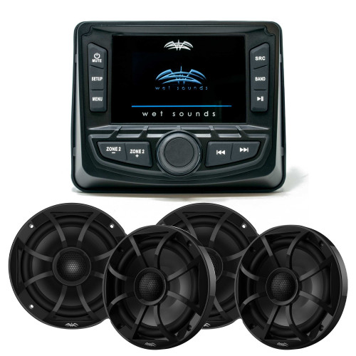 Wet Sounds WS-MC-2 Marine Radio with 2 Pairs Wet Sounds RECON 6-BG Recon Series 6.5" Coaxial speakers With Black XS Grille And Cone (Pair)