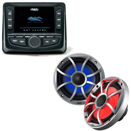 Wet Sounds WS-MC-2 Marine Radio with 1 Pair Wet Sounds OEM Replacement 65ic-S RGB Led XS-Series Silver Cone 6.5" Coaxial Speakers Pair