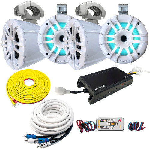 Memphis Audio LED Tower Speaker Bundle with 4 (2 pairs) MXA62TW White Finish 6.5 Compression Speakers, Memphis MXA 600 Watt 4 Ch Amplifier, and Wire Kit