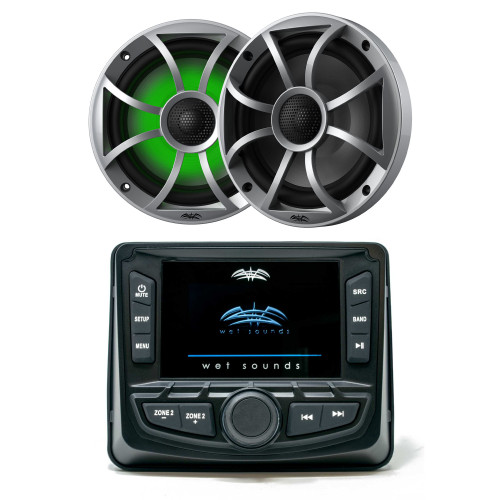 Wet Sounds WS-MC-2 Marine Radio with 1 Pair Wet Sounds RECON 6-S RGB LED 6.5" 60-Watt RMS Coaxial Speakers With Silver XS Grilles (Pair)