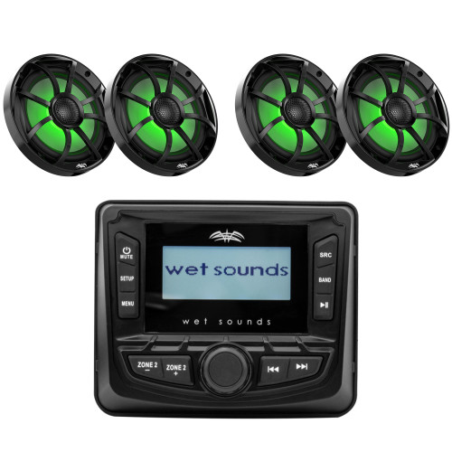 Wet Sounds WS-MC-5 3" Gauge style AM/FM Stereo with 2.7" LCD Display with 2 Pairs Wet Sounds RECON 6-BG-RGB Recon Series RGB LED 6.5" Coaxial speakers With Black XS Grille And Cone (Pair)